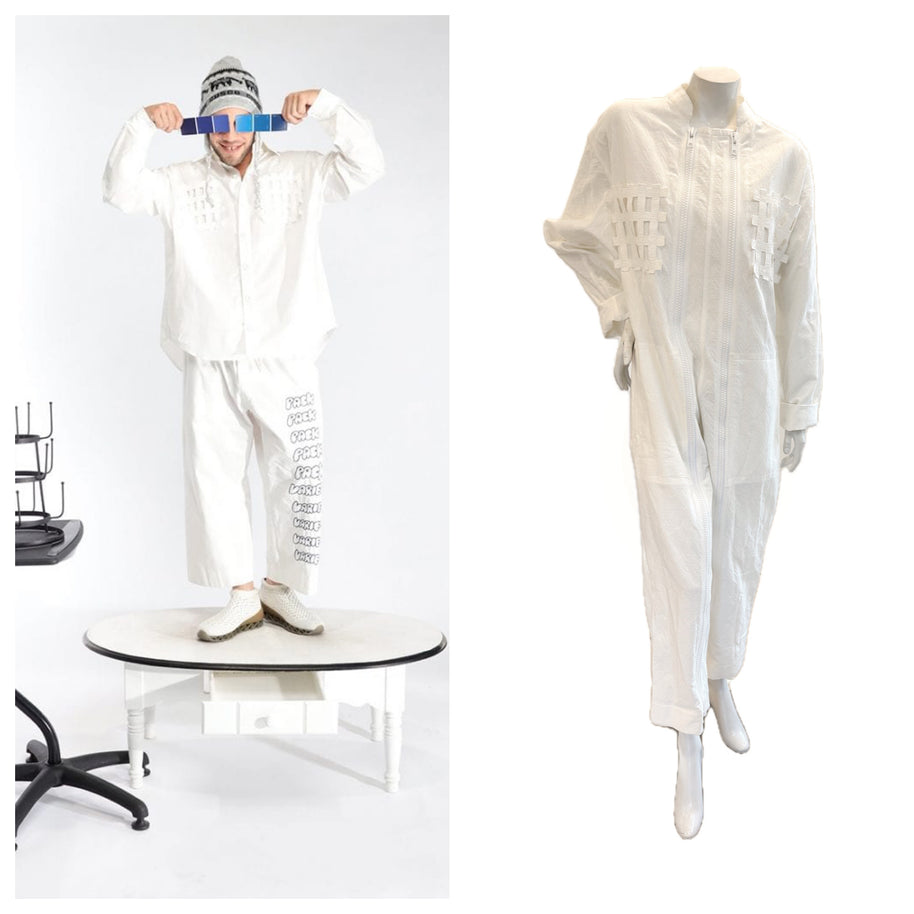 Side-by-side comparison showing Bernhard Willhelm SS20 lookbook outfit and the actual “Lost Weekend” oversized white jumpsuit.