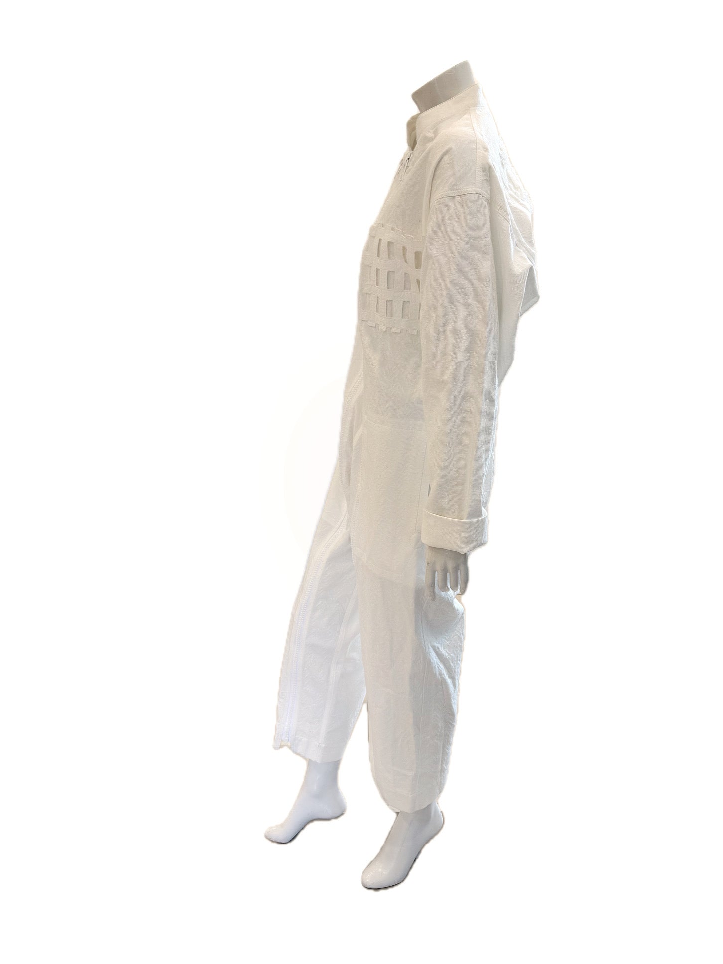 Side profile of Bernhard Willhelm SS20 oversized jacquard jumpsuit showing relaxed unisex silhouette.