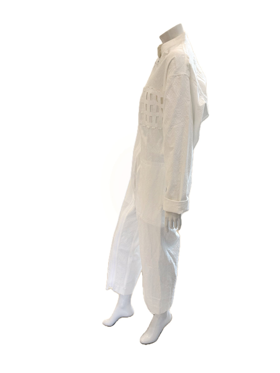 Side profile of Bernhard Willhelm SS20 oversized jacquard jumpsuit showing relaxed unisex silhouette.
