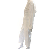 Side profile of Bernhard Willhelm SS20 oversized jacquard jumpsuit showing relaxed unisex silhouette.