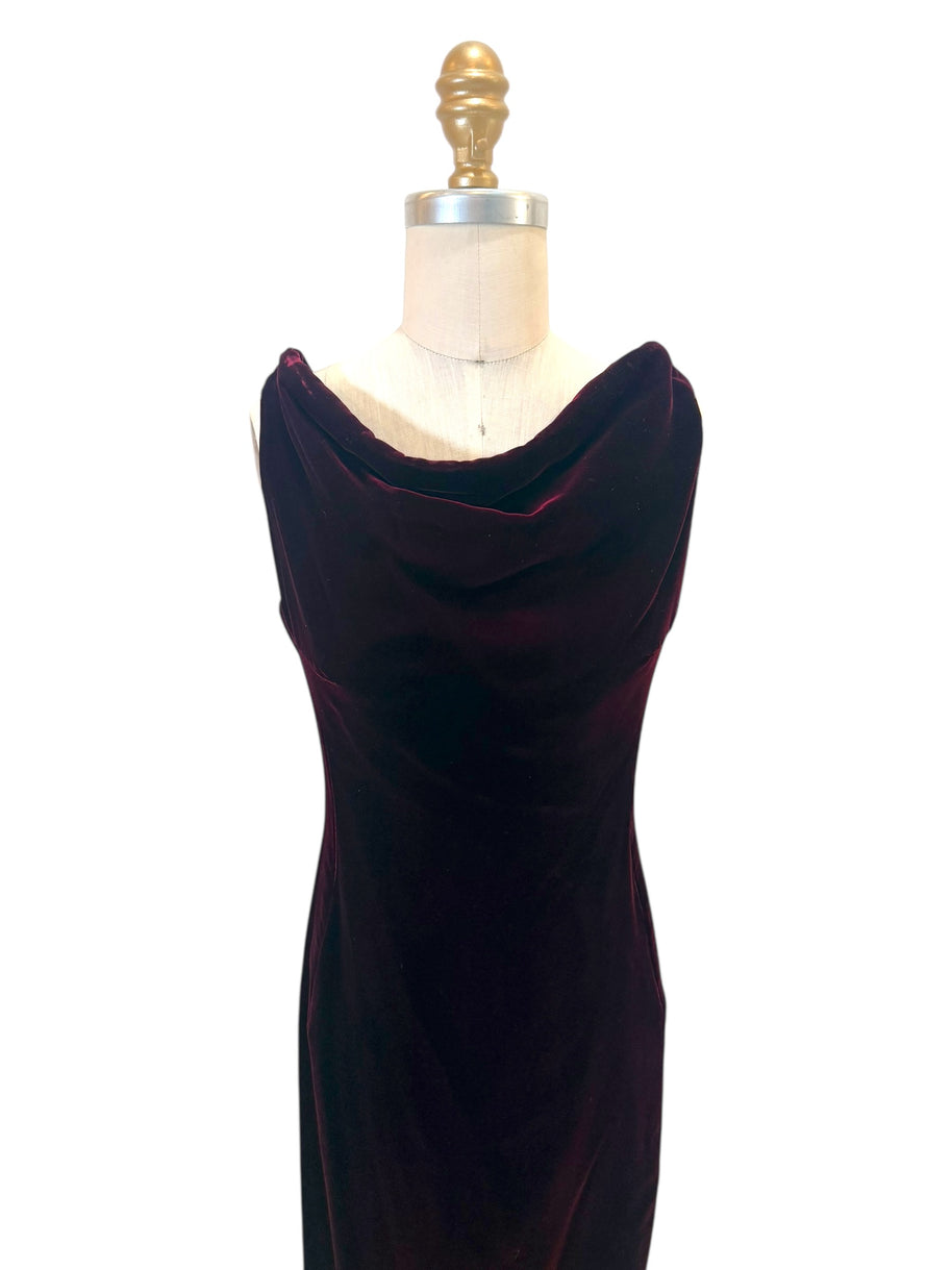Alaïa FW2008 Burgundy Velvet Draped Cowl-Neck Evening Gown (IT 38 | US 0–2)