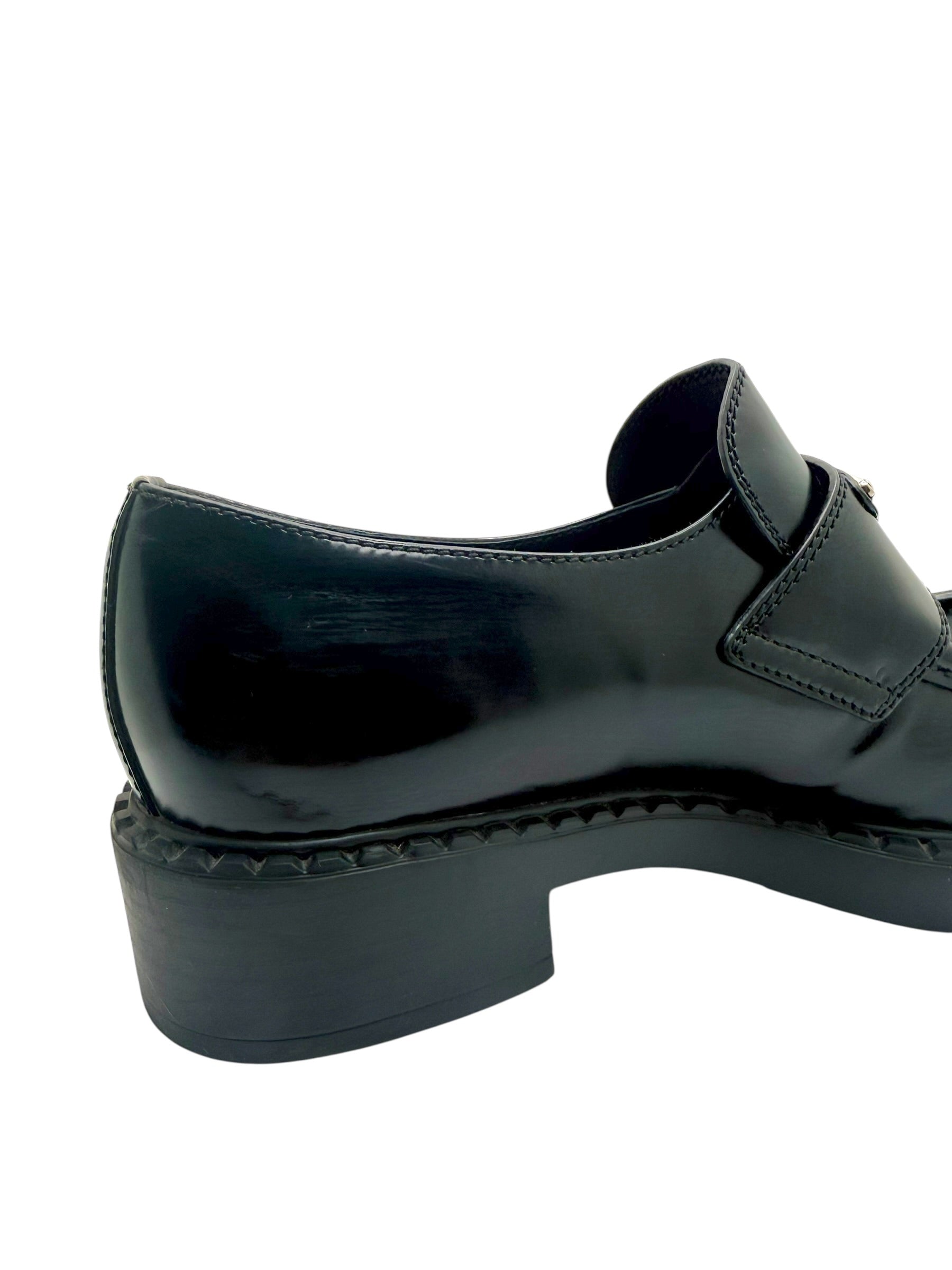 Prada Black Brushed Leather Triangle Logo Loafers Size 38