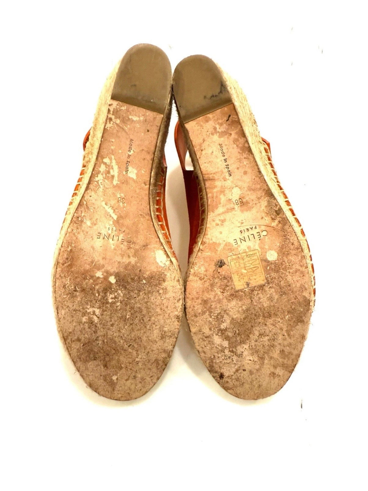 Full outsole image of Céline SS16 espadrille wedge sandals displaying natural wear on the soles and visible Céline Paris size and “Made in Spain” markings.