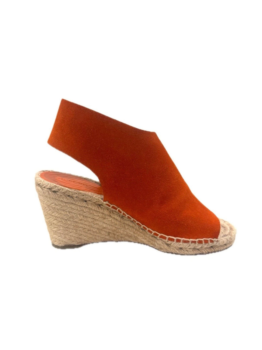 Burnt orange suede Céline wedges shown from a side angle to display the contour of the upper and wedge.