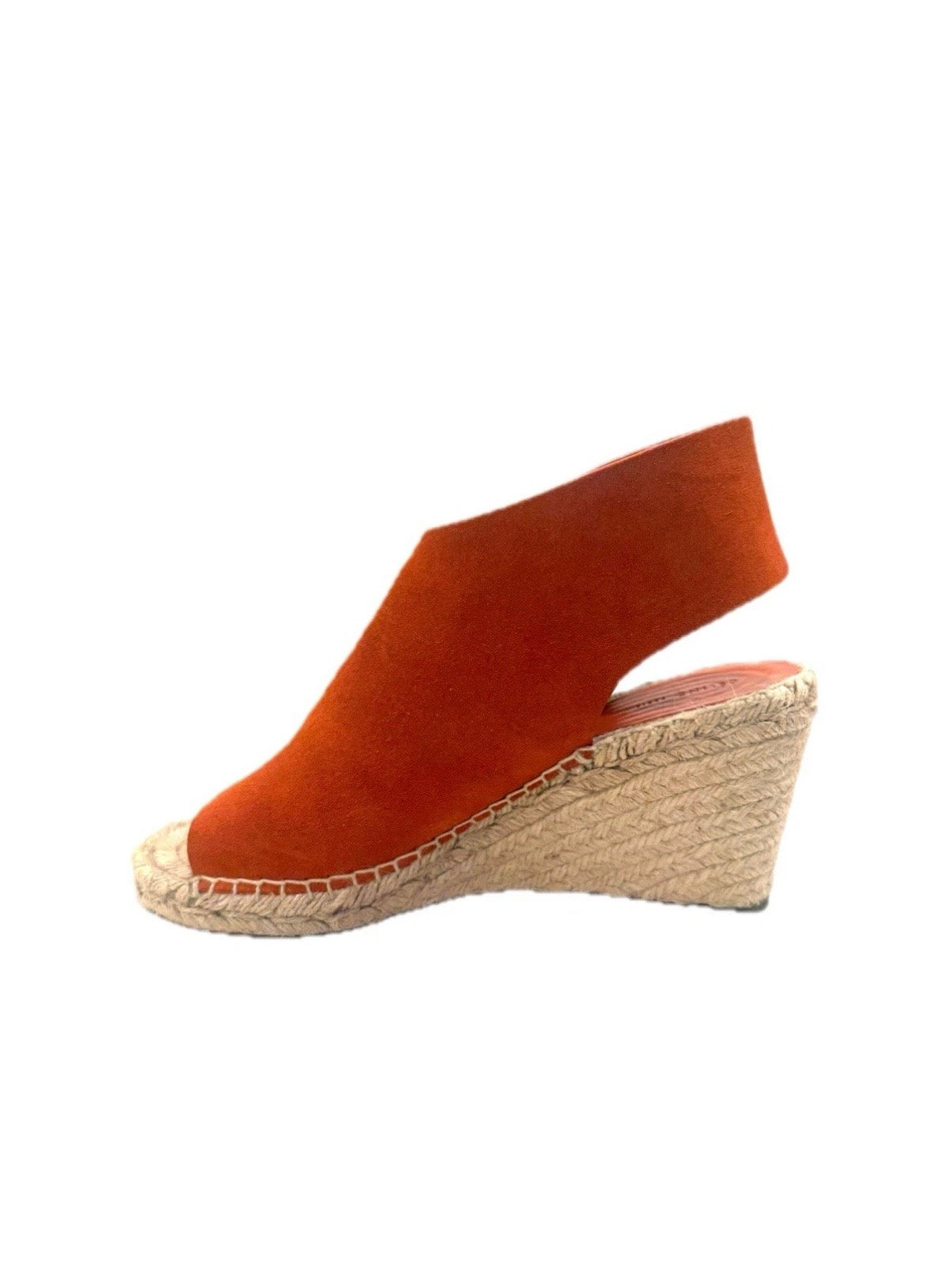 Right-side view highlighting the warm terracotta suede and stitched jute platform.
