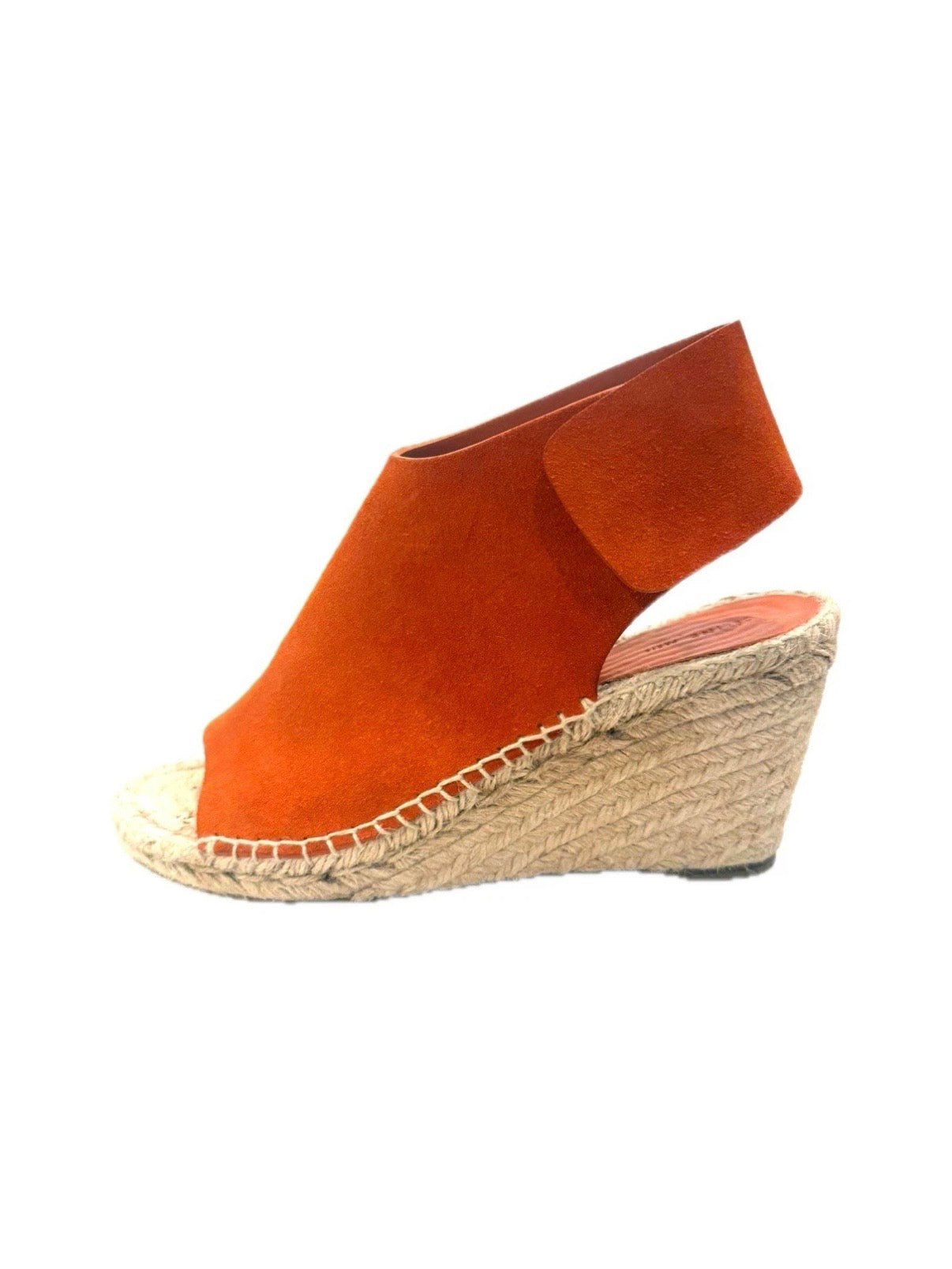 Detailed side shot of the Céline SS16 wedge showing suede coverage and jute texture.