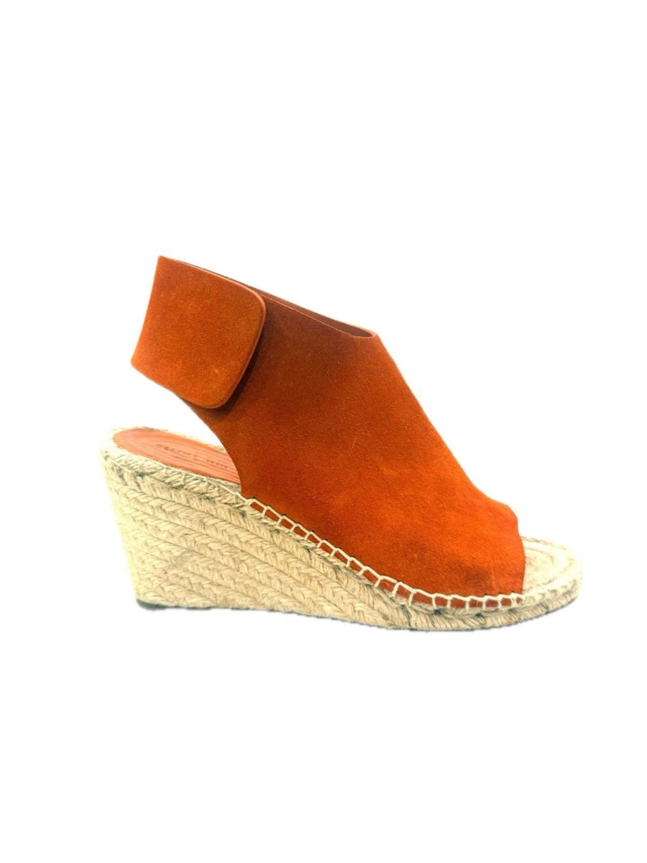 Side profile of the Céline suede espadrille featuring the natural woven jute wedge and sculptural suede upper.