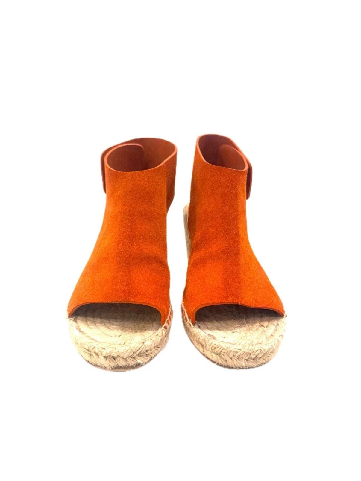 Straight-on front view of Céline SS16 espadrille wedge sandals with clean suede upper and jute platform detail.