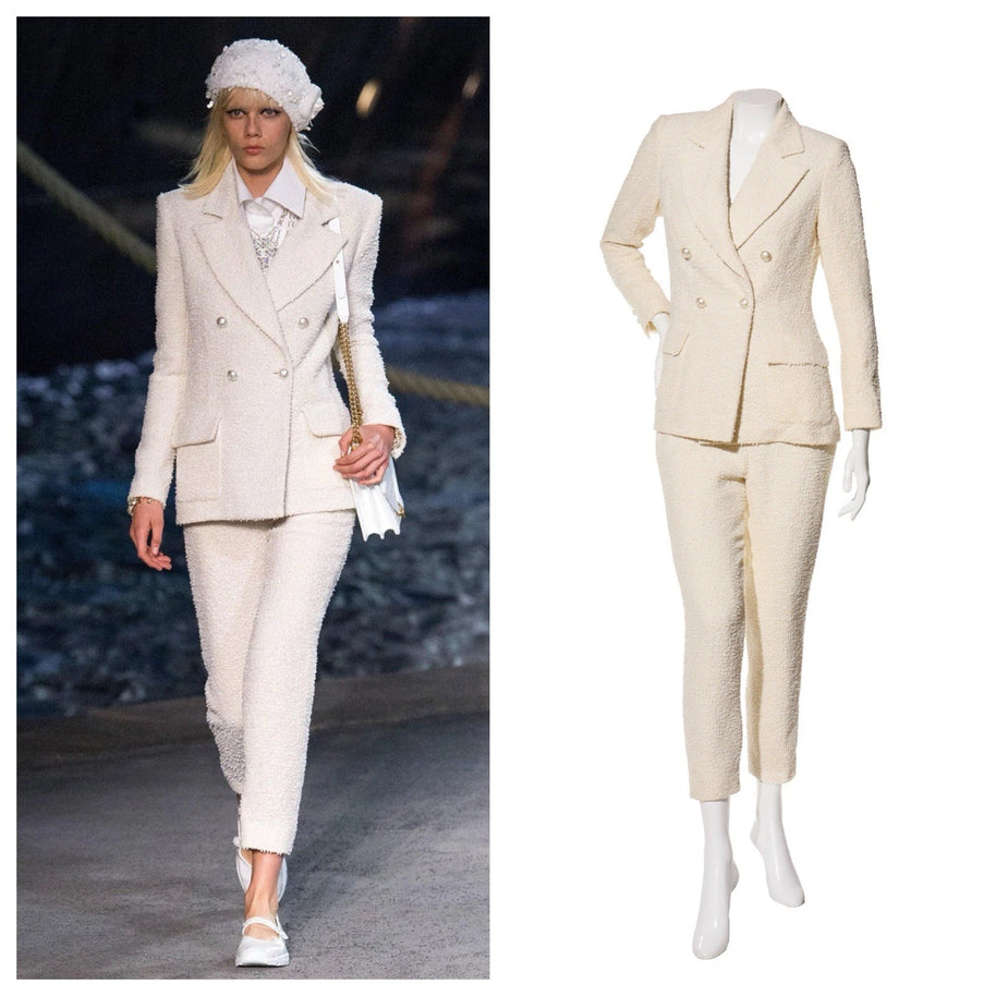 Chanel 2019 La Pausa Runway Cream Bouclé Tweed Suit Jacket & Pant Set Size 36
