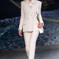 Chanel 2019 La Pausa Runway Cream Bouclé Tweed Suit Jacket & Pant Set Size 36