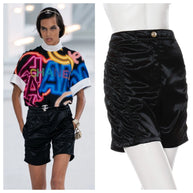 Chanel Spring/Summer 2021 Black Satin Ruched Shorts with No.5 Button FR 40