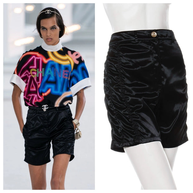 Chanel Spring/Summer 2021 Black Satin Ruched Shorts with No.5 Button FR 40