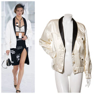 Chanel Satin Bomber Jacket Spring/Summer 2021 Ecru with Black Collar FR 34 NWT