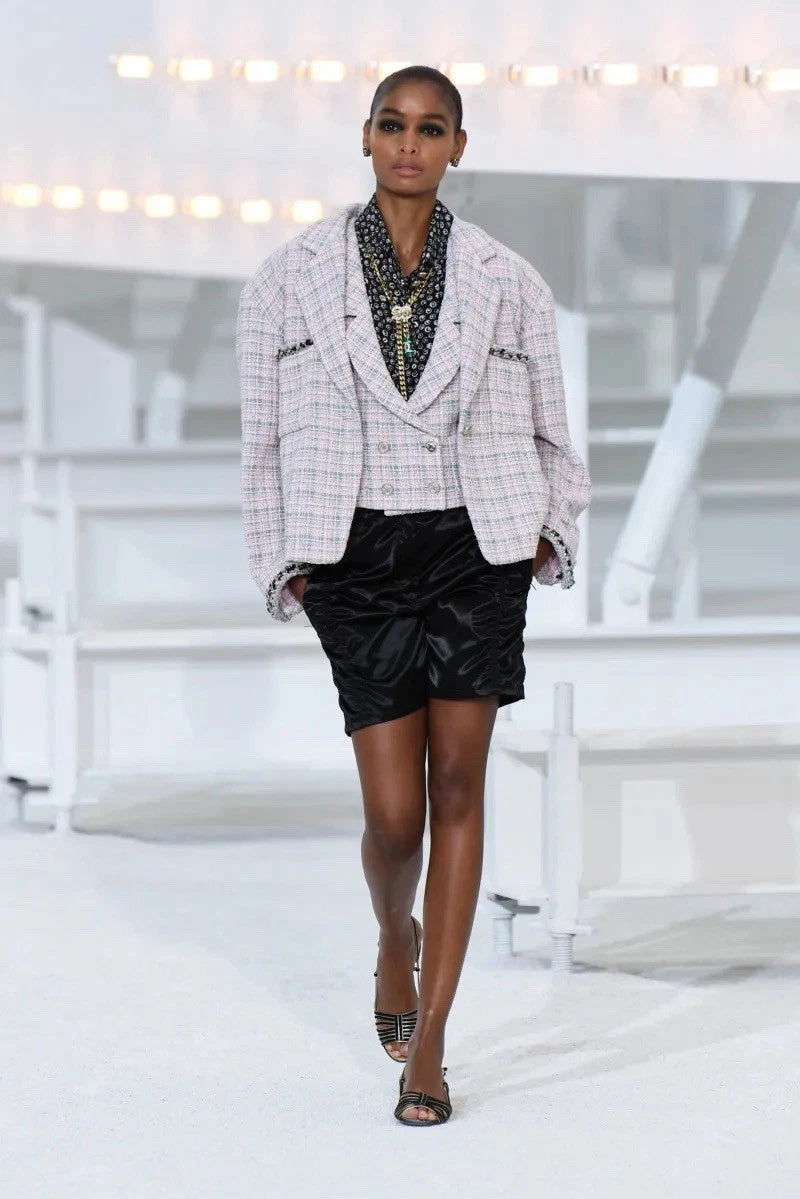 Chanel Spring/Summer 2021 Black Satin Ruched Shorts with No.5 Button FR 40