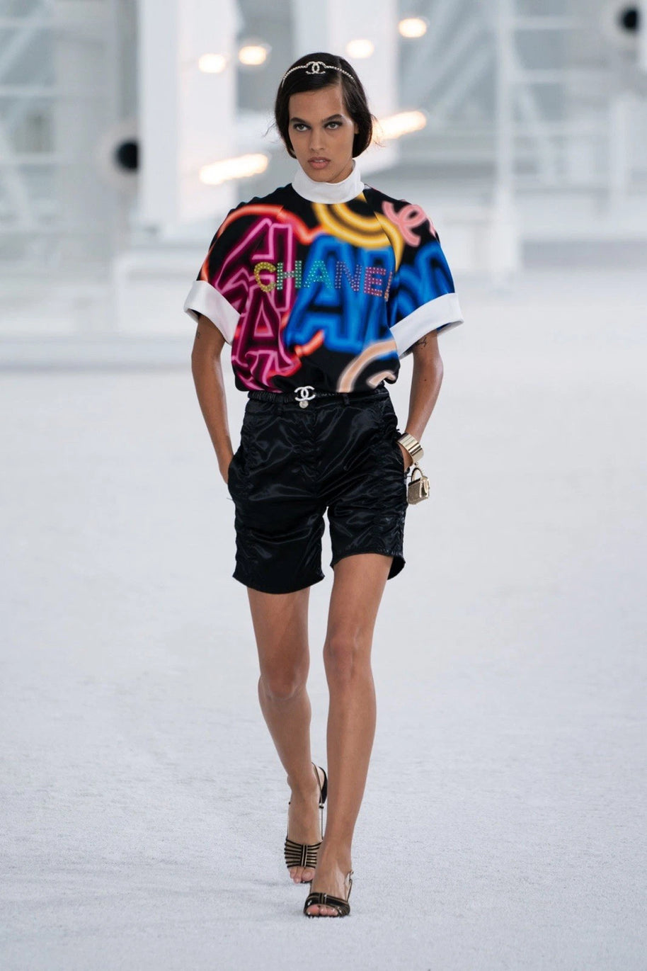 Chanel Spring/Summer 2021 Black Satin Ruched Shorts with No.5 Button FR 40