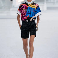 Chanel Spring/Summer 2021 Black Satin Ruched Shorts with No.5 Button FR 40