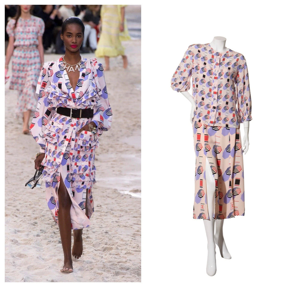 Chanel SS2019 Silk Lipstick Print Blouse & QPants Set FR 38 Runway Documented Collector’s Piece