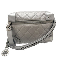 Front view of Chanel metallic silver quilted leather bum bag from the Spring Summer 2017 collection featuring diamond quilting, top zip closure, and silver tone CC logo hardware.