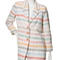 Chanel 2019 Spring Collection Multicolored striped coat buttoned on a mannequin against a white background front view.