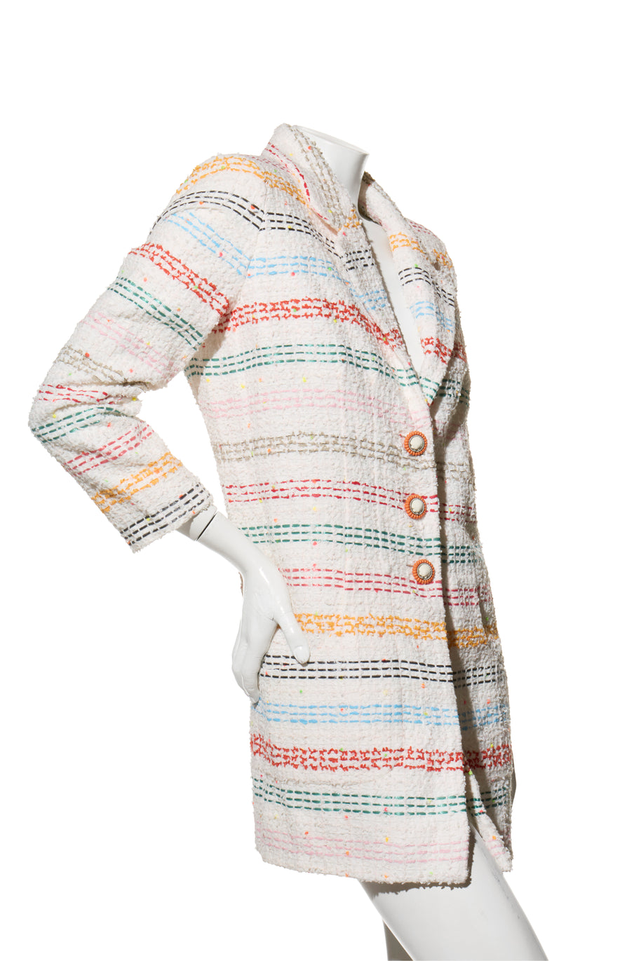 Chanel Multicolored striped coat from Spring 2019 Collection by Karl Lagerfeld on a white background right angle view.