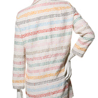 Chanel Spring 2019 rainbow striped tweed coat on a mannequin against a white background back view.