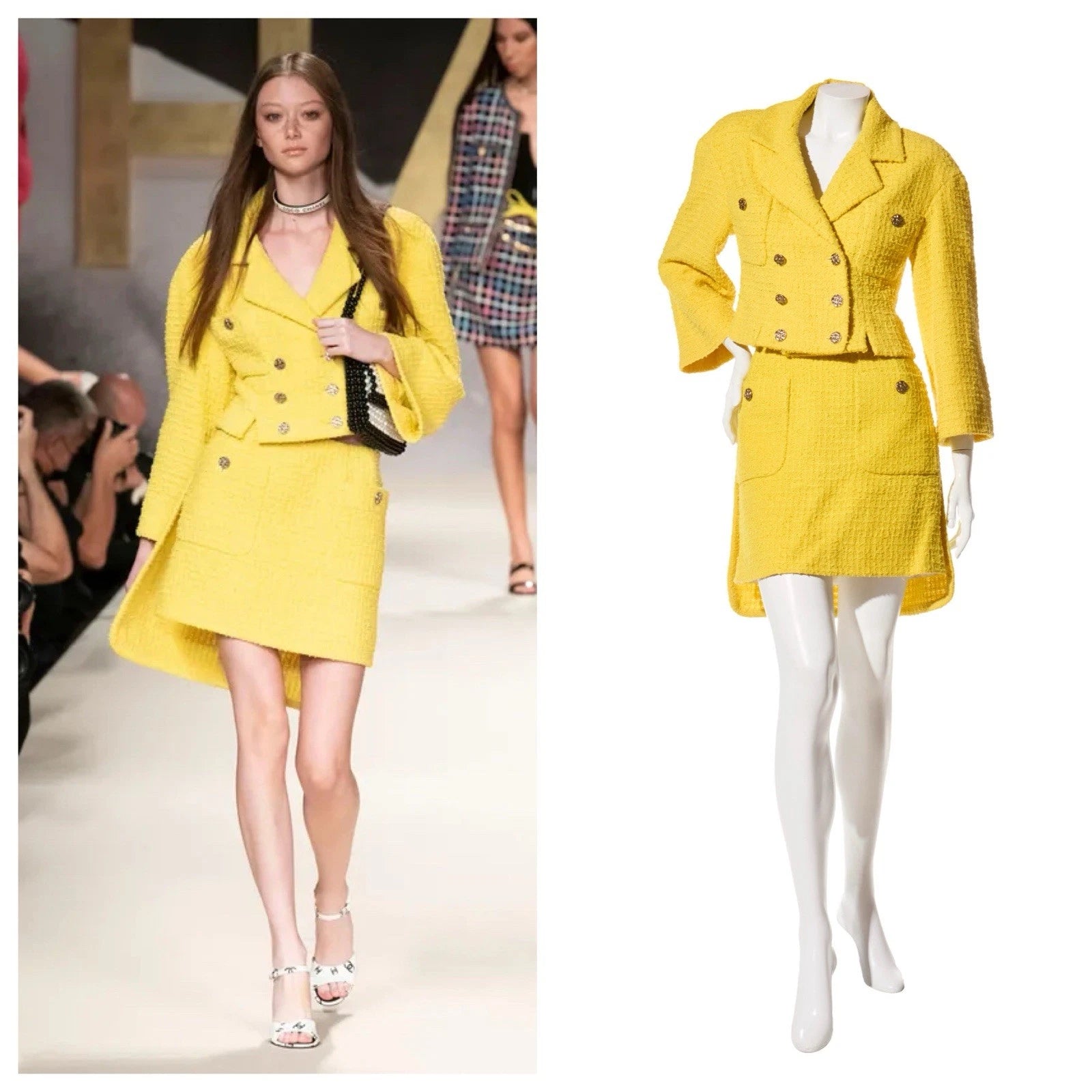 Chanel Spring/Summer 2022 Runway Yellow Tweed Skirt Suit, FR 36 / 34