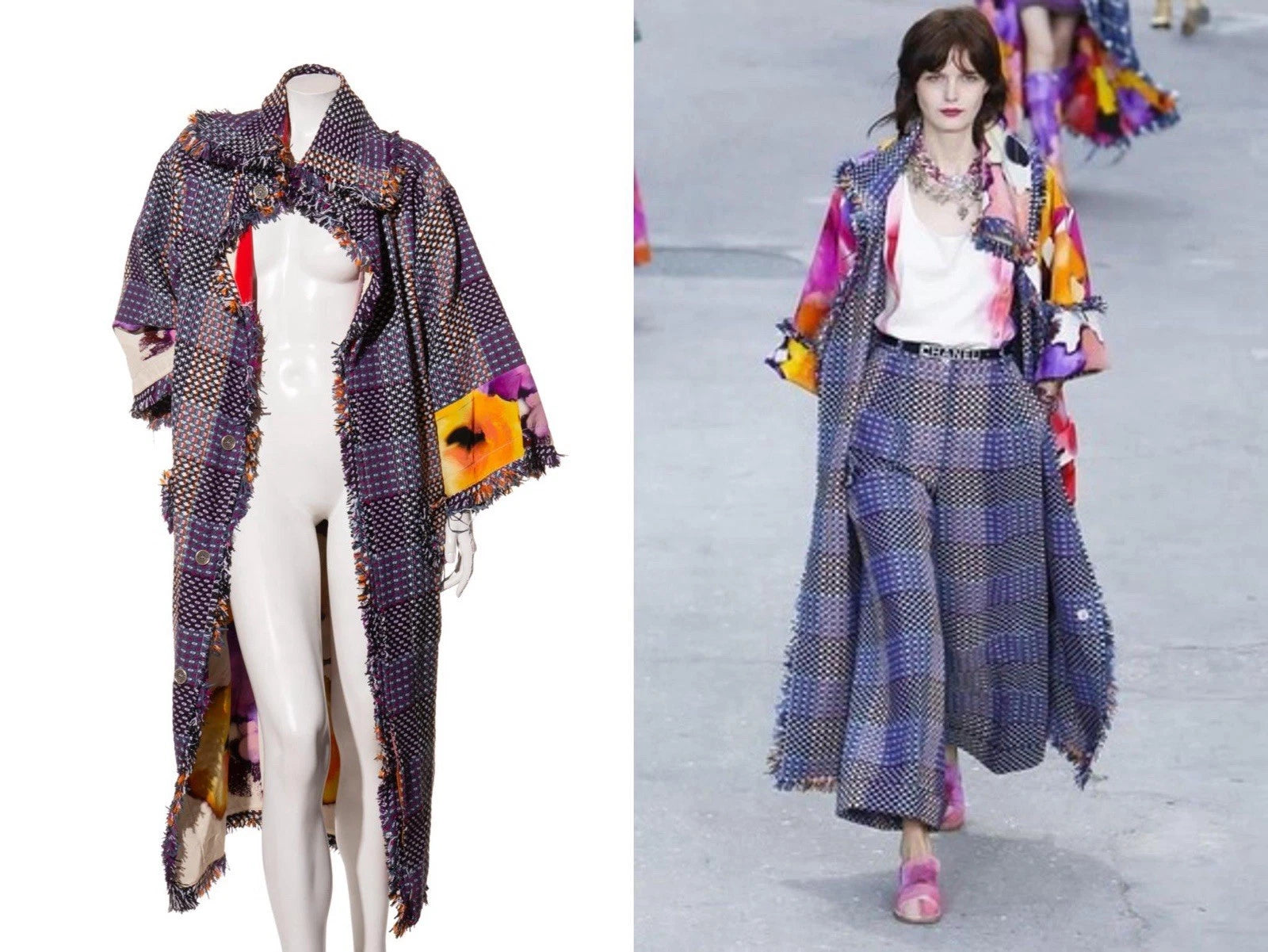 Mannequin wearing a colorful Chanel coat with a model on the runway wearing the coat for the Spring Summer 2015 Chanel Fashion Show.