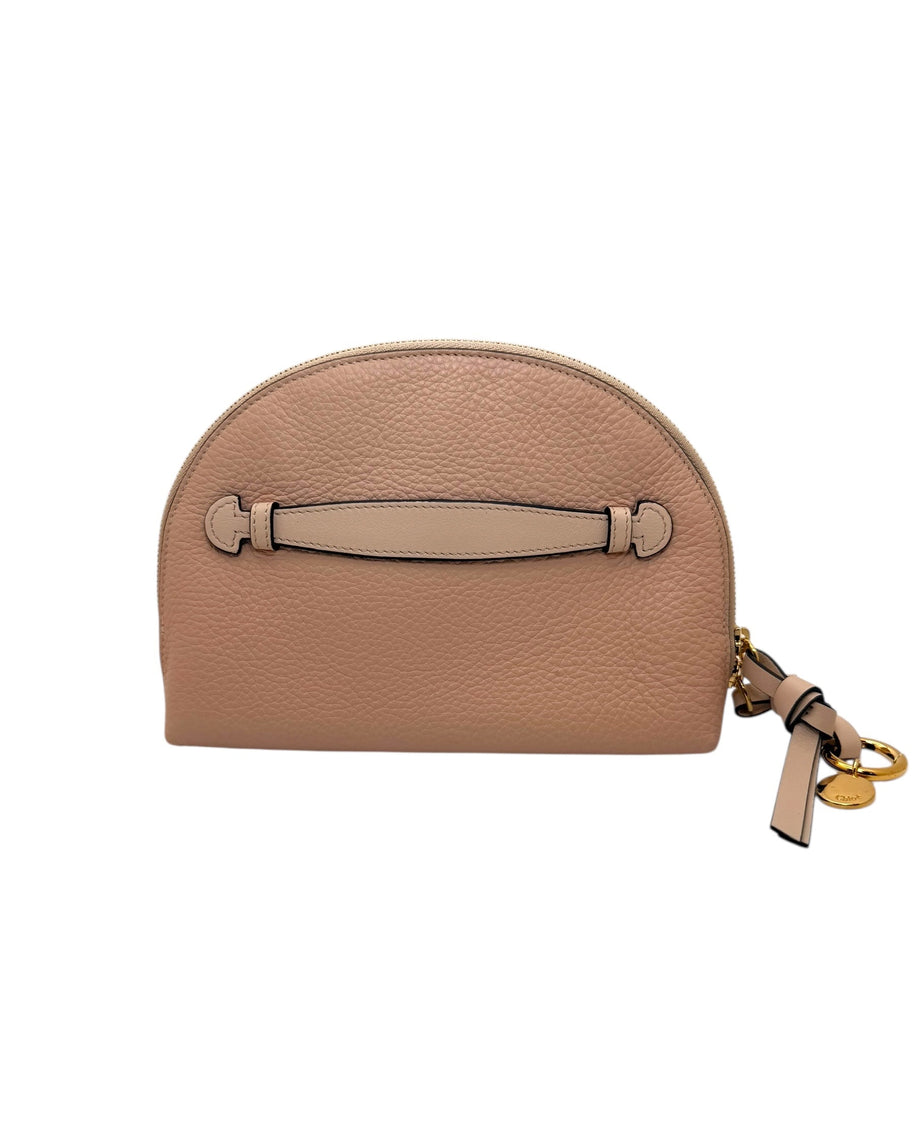 Back view of Chloé Alphabet half-moon pouch in blush nude pebbled leather showing clean stitching and curved silhouette.