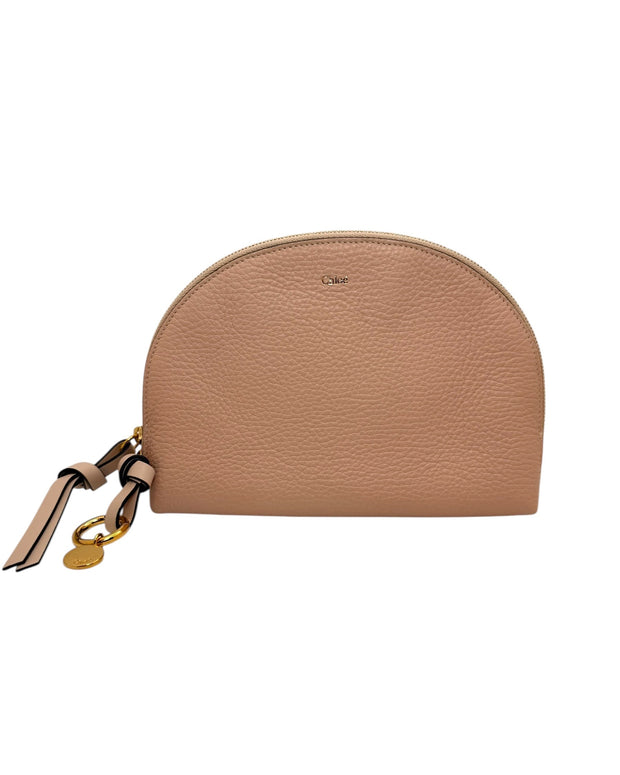 Front view of Chloé Alphabet half-moon pouch in blush nude pebbled calfskin leather with gold logo stamp and top zip closure.