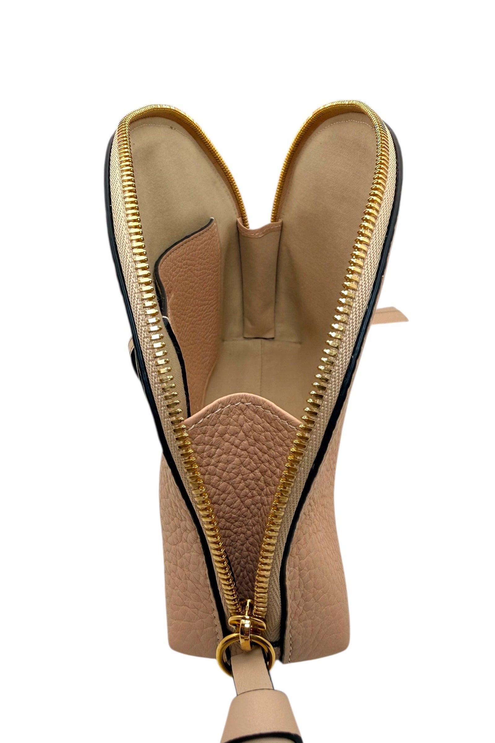 Top open view of Chloé Alphabet pouch revealing canvas-lined interior and compact cosmetic pouch storage space.