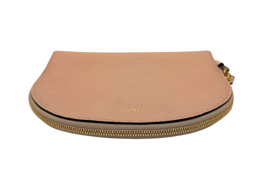 Top view of Chloé Alphabet pouch laying flat detailing zipper and leather.