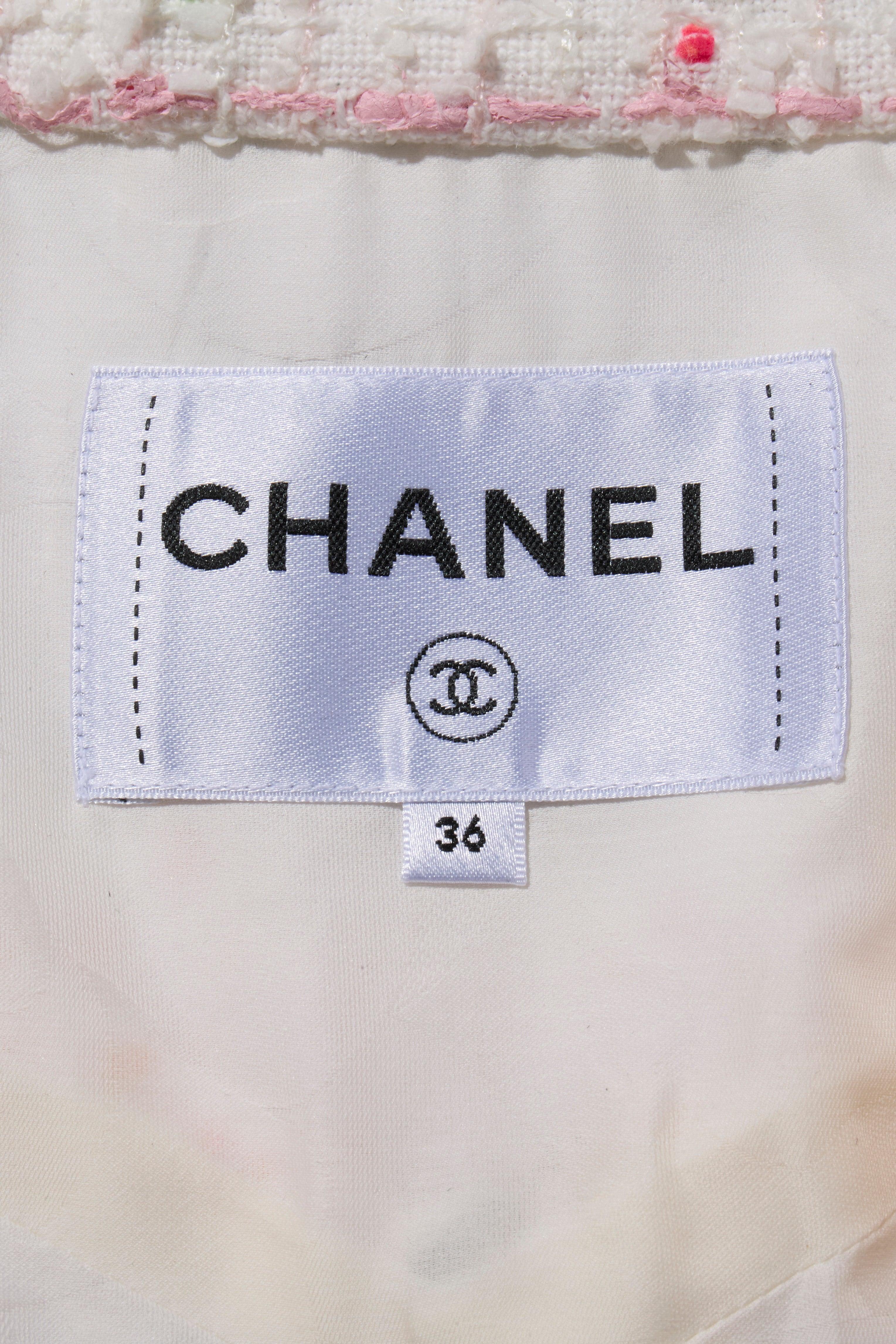 Chanel label tag and size on the Chanel multicolored striped tweed coat Spring 2019