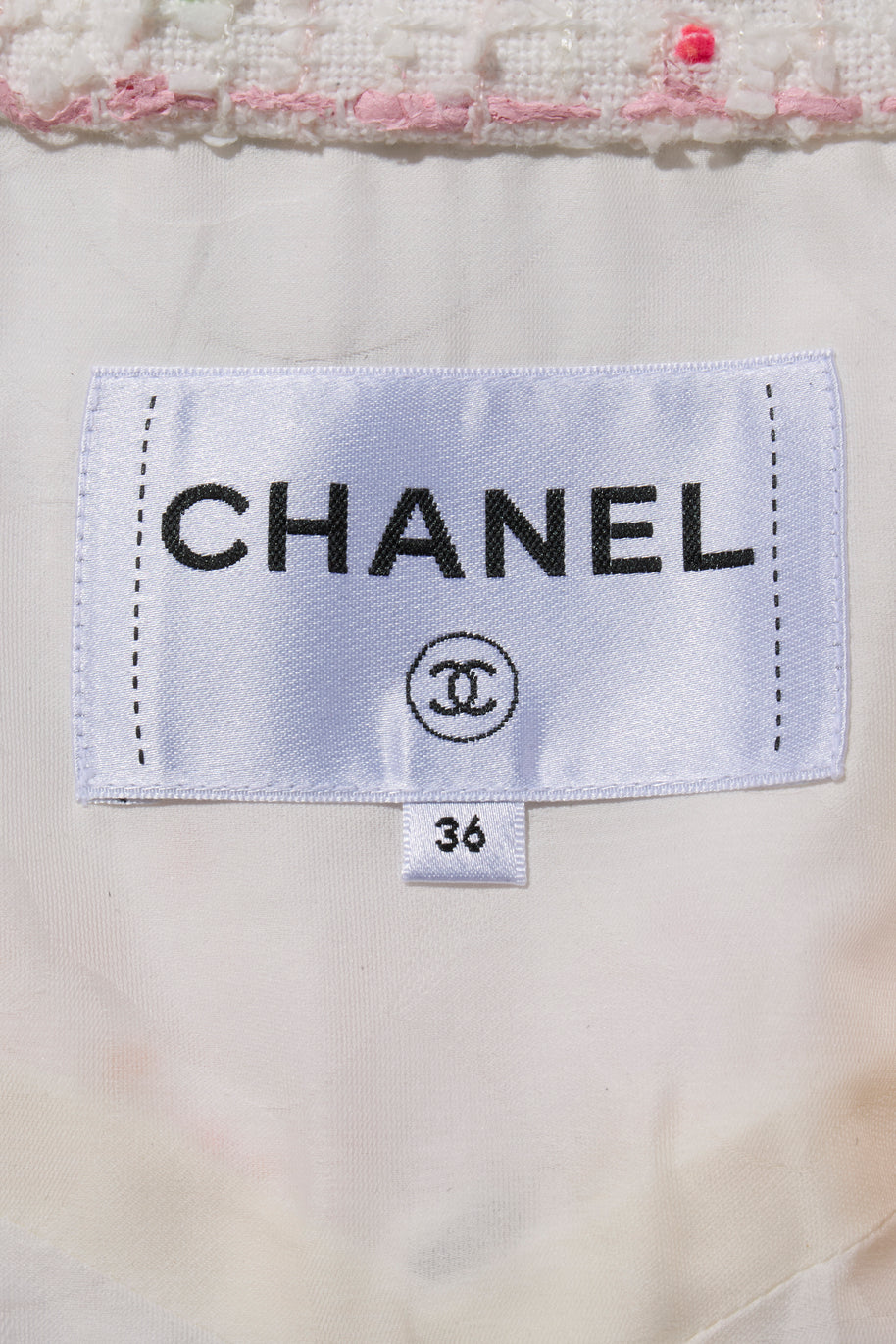 Chanel label tag and size on the Chanel multicolored striped tweed coat Spring 2019