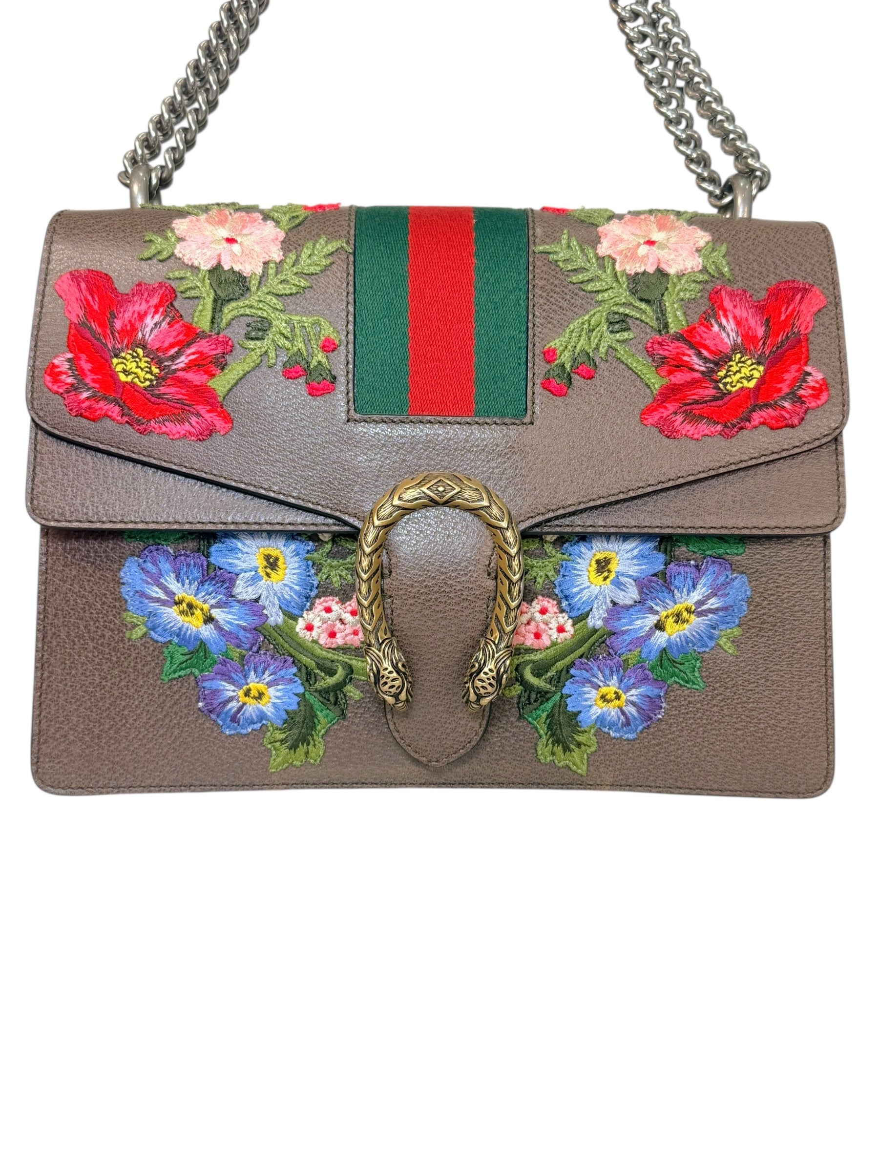 Gucci Dionysus Embroidered Floral Leather Shoulder Bag Taupe Web Stripe