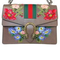Gucci Dionysus Embroidered Floral Leather Shoulder Bag Taupe Web Stripe