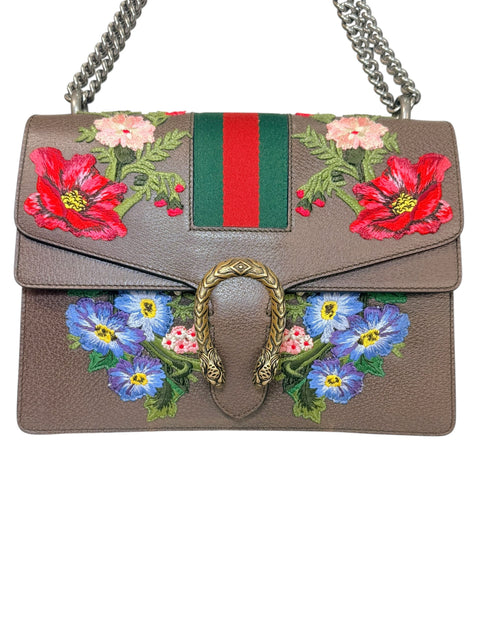 Gucci Dionysus Embroidered Floral Leather Shoulder Bag Taupe Web Stripe