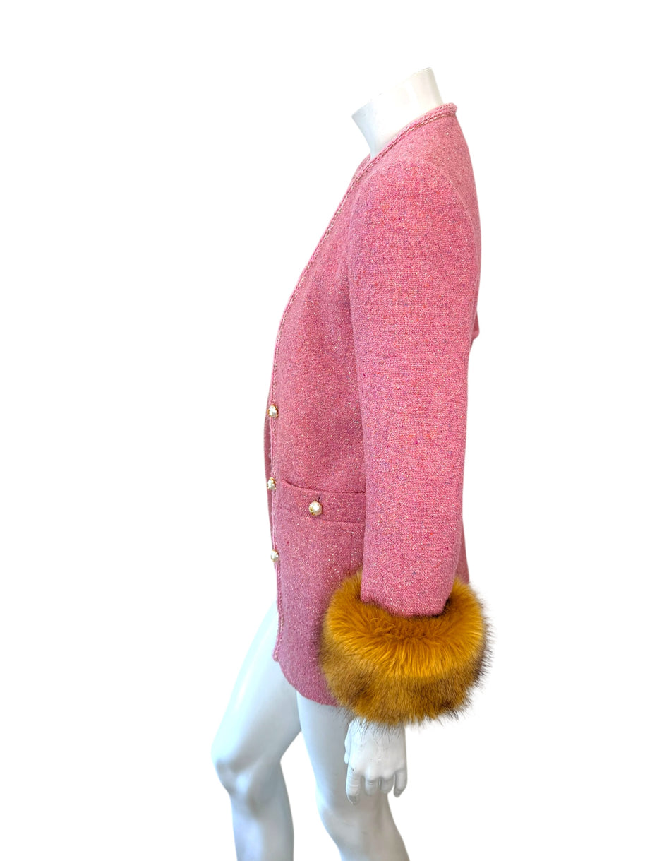 Saint Laurent Pink Tweed Faux Fur Cuff Jacket FW2021 Size FR38