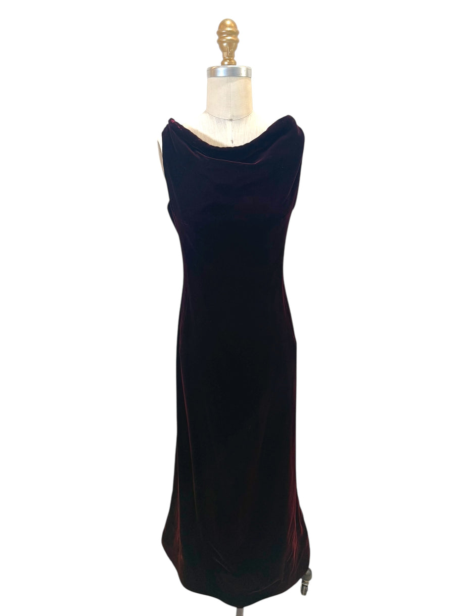 Alaïa FW2008 Burgundy Velvet Draped Cowl-Neck Evening Gown (IT 38 | US 0–2)