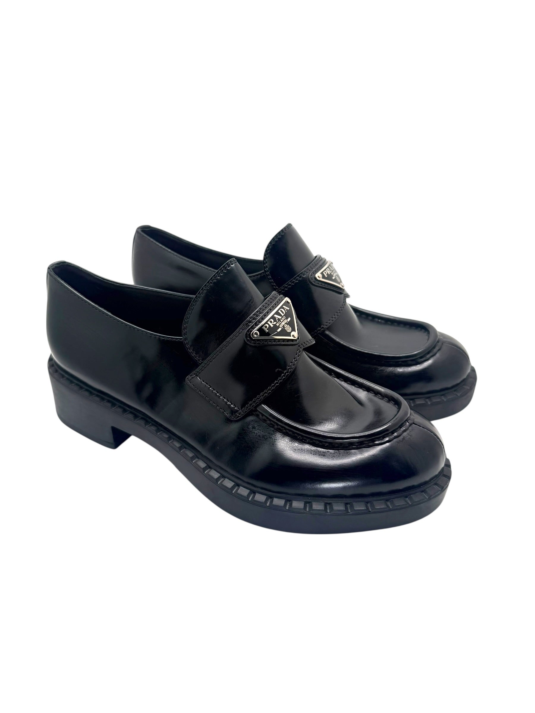 Prada Black Brushed Leather Triangle Logo Loafers Size 38
