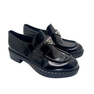 Prada Black Brushed Leather Triangle Logo Loafers Size 38