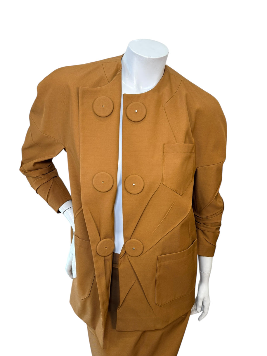 Prada SS2023 Camel Jacket & Pencil Skirt Set IT 38 | Sculpted Made in Italy