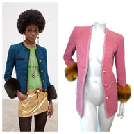 Saint Laurent Pink Tweed Faux Fur Cuff Jacket FW2021 Size FR38