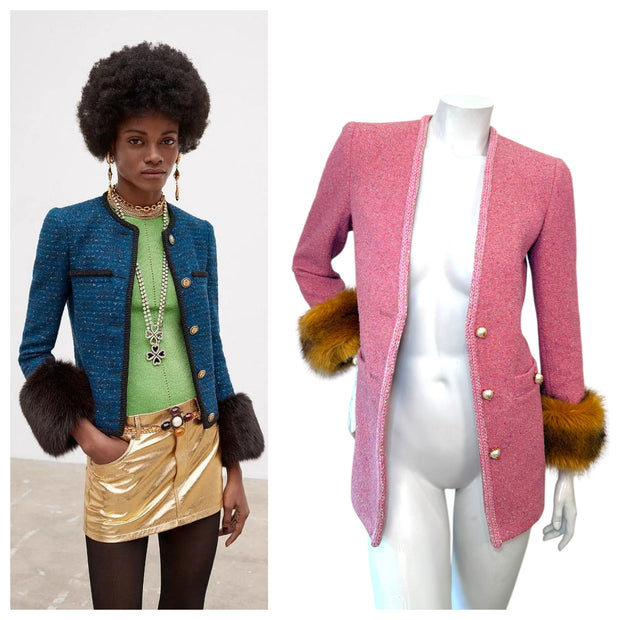 Saint Laurent Pink Tweed Faux Fur Cuff Jacket FW2021 Size FR38