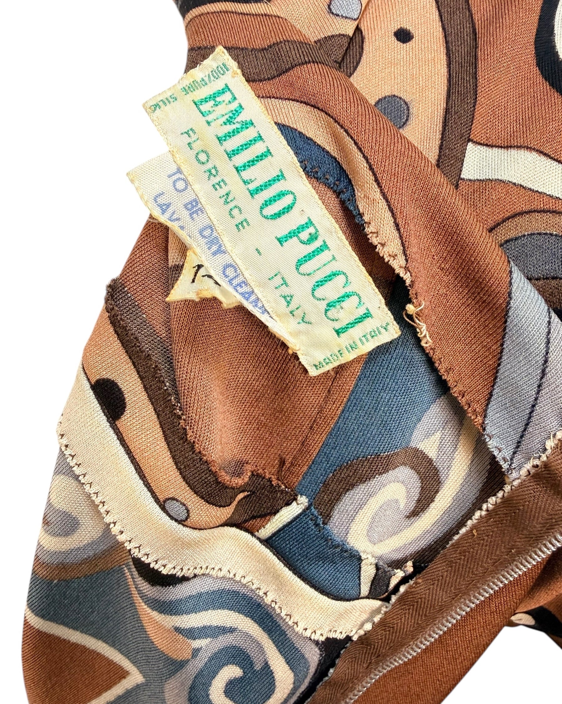 Emilio Pucci vintage designer label up-close inside Italian made psychedelic print dress