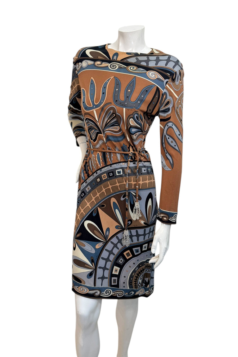 Vintage Emilio Pucci psychedelic print dress showing fitted waist, long sleeves and iconic geometric pattern in earth tone color palette
