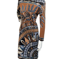 Vintage Emilio Pucci psychedelic print dress showing fitted waist, long sleeves and iconic geometric pattern in earth tone color palette
