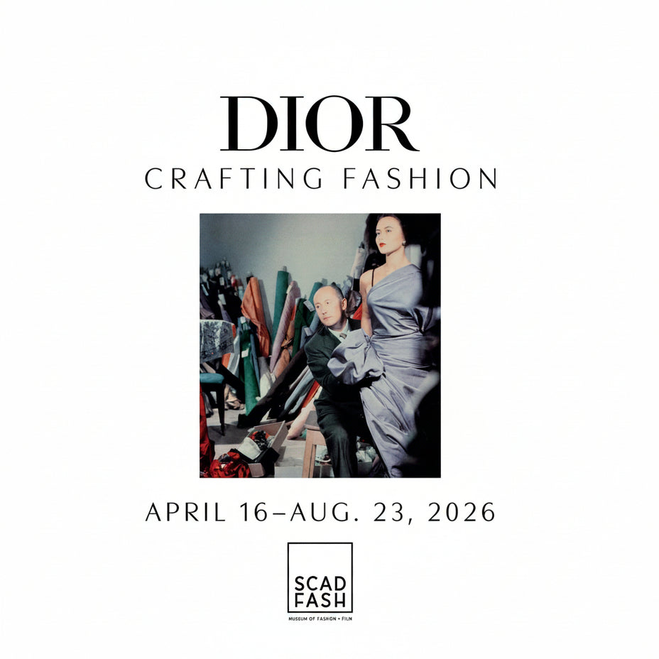 Promotional poster for 'Dior: Crafting Fashion' exhibition at SCAD Museum of Fashion April 2026 through August 2026