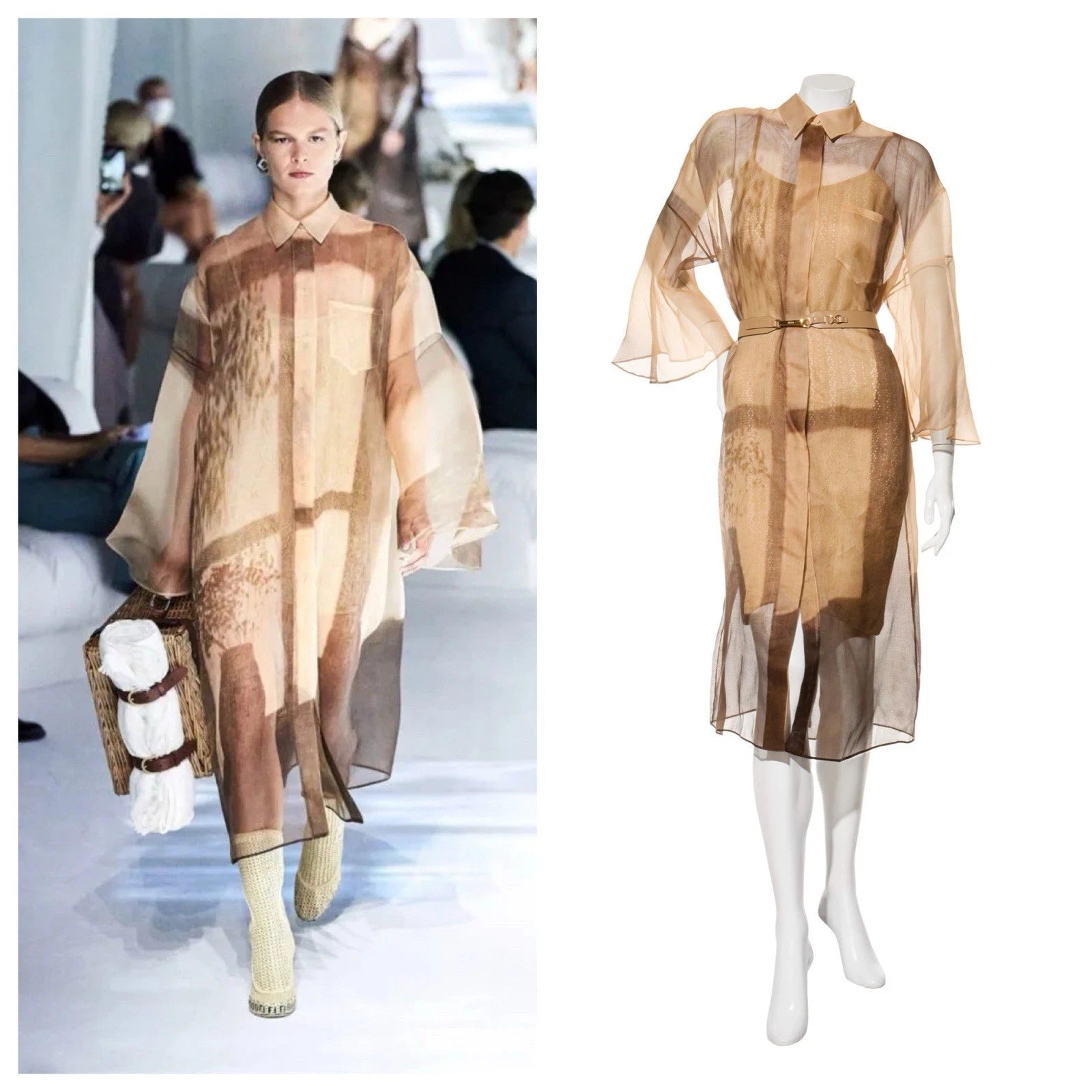 Fendi Pre-Fall 2021 Sheer Organza Shirt Dress Knit Slip & Leather Belt Set IT 40