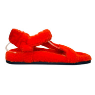 Alternate side profile of Fendi red shearling flat sandals made in Italy, plush textured design