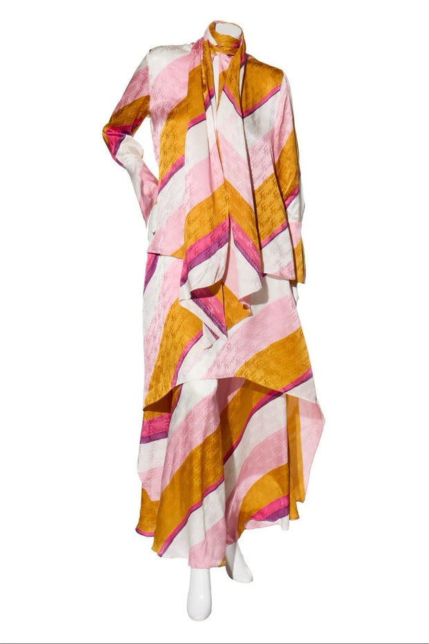 Fendi Spring 2022 Runway Silk Logo Pink Jacquard Stripe Set (Top & Pants), IT 40